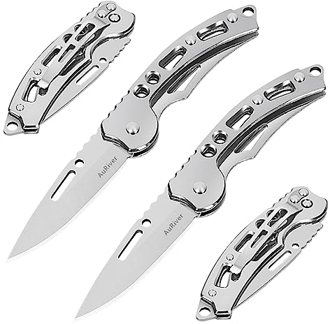 AuRiver 4 Stück Klein Klappmesser, Taschenmesser mit Klappmesser, Messer Taschenmesser, Mini EDC Outdoor Zweihandmesser für Outdoor, Camping, Survival (Silber)