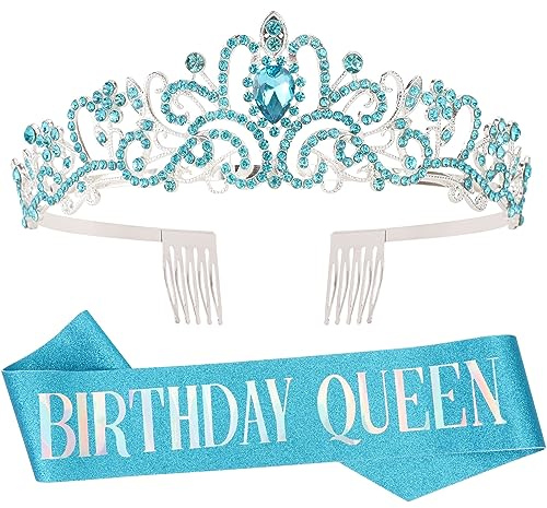 DRESHOW Geburtstagskrone und Schärpe für Damen Geburtstagskönigin Schärpe & Strass Tiara Set Geburtstag Tiaras und Schärpen für Mädchen Geburtstag Dekorationen Haarschmuck Glitter Schärpe für Party