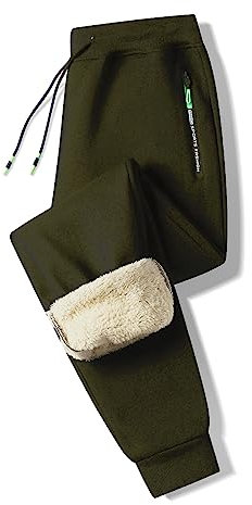 ZOXOZ Jogginghose Herren Baumwolle Sherpa Gefüttert Warme Winter Fleece Traininghose Sporthose Lang mit Reißverschluss Taschen Grün L