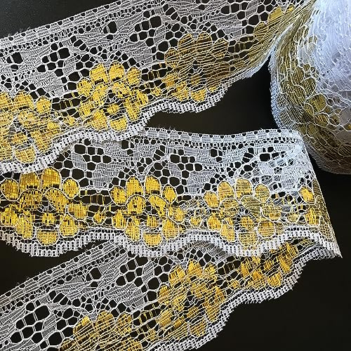 Mosel Avenue Art & Gobelin Studio *DE* ab 1 Meter Feine Spitzen 6,5 cm breit Farbe Weiß & Lurex Gold Meterware Tüll Stickereispitze Zierband Bordüre Brokatborte Leonisch Dekoborte blumig Blumchen