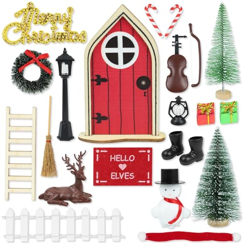 AGARELE GNOME Door Accessories Christmas Set, Christmas GNOME Door Set Christmas Decoration Elf Door, Wooden GNOME Door with Miniature Letterboxes, Fence, Ladder, Boots