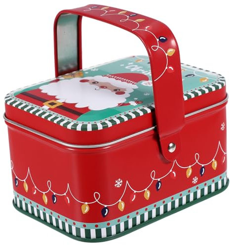 BESTonZON Christmas Cookie Tins, Santa Pattern Designs Christmas Metal Candy Boxes, DIY Tinplate Biscuits Treat Box with lid and handle for Candles Candy Tea