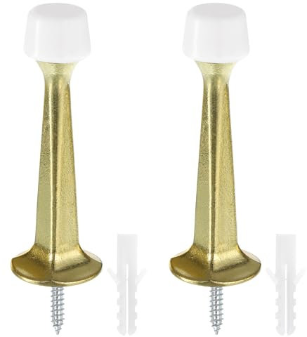 sourcing map Door Stoppers, 2Pcs - Zinc Alloy Solid Rigid Door Stop with Screws & Expansion Tube, Door Stopper with Soft Rubber Tip for Protect Wall, Door (Gold)