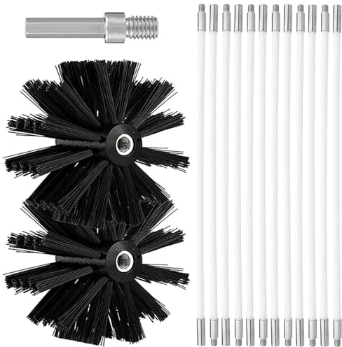 Ruolin Kit de Réglable Brosse Nettoyage de Cheminée, Ensemble de Brosse de Cheminée Comprenant 12 Tiges Flexibles de 410 mm et 2 Têtes de Brosse pour Poêle à Bois, Outil Nettoyage pour Cheminées