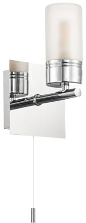 Compact Designer IP44 Rated Bathroom Wall Light Fixture with Tubular Glass Shade in Shiny Polished Chrome | Pull Switch | 1 x 18w G9 Bulb by Happy Homewares