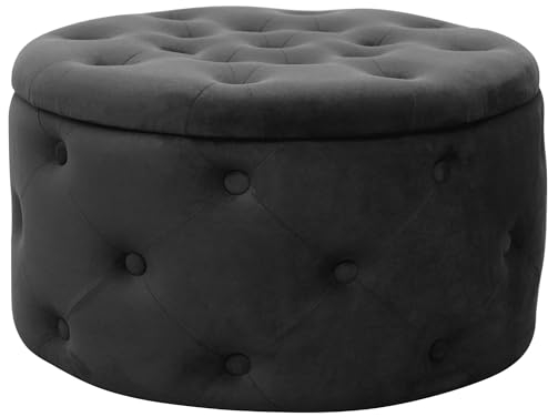 AKORD Pouf Alia gesteppter Velours mit Ablage 55 cm | Pouffe | Fußhocker | Ablage für kleine Gegenstände | Velours Gepolstert | Gesteppter Pouf | B55 x H30 x T55 cm | 8,10 kg | Schwarz/Schwarz