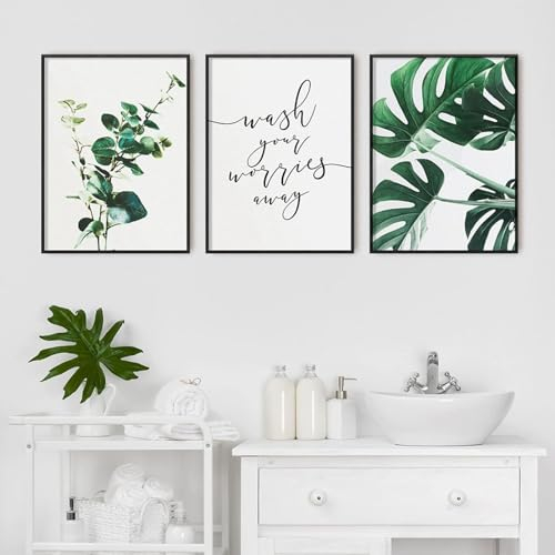 AWKFHF Botanisches Eukalyptus Monstera Blatt Bilder,Wash Your Worries Away Leinwandbild Poster Kunstdruck Wohnzimmer Deko Schlafzimmer Bilder Wanddekoration - ohne Rahmen (3X30X40CM,ohne Rahmen)