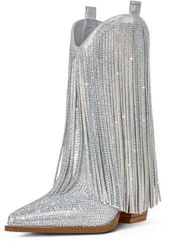 Ouepiano Stivali da cowboy da donna, stivali da cowgirl con strass e frange glitterate, punta a punta, stivaletti e stivaletti con tacco grosso, Argento, 40.5 EU