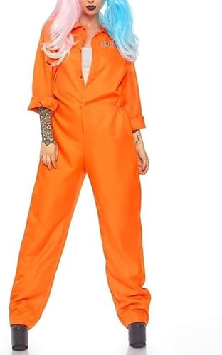 Niceyoeuk Prison Jumpsuit Jail Costume for Women Men Orange Long Sleeve Escaped Inmate Costume Halloween Roleplay Party Outfits (Women Orange, S)