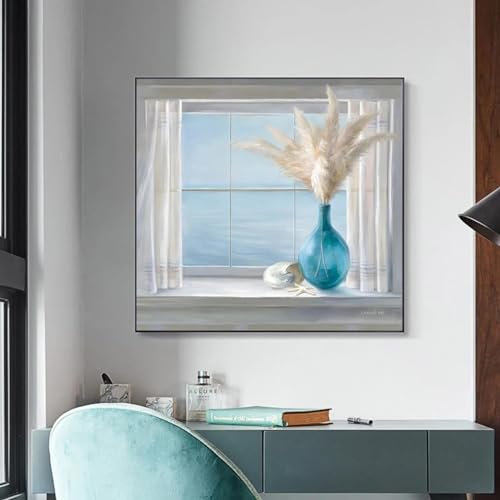 JACBON Vaso astratto vicino alla finestra Dipinto ad olio stampato su tela Bianco nordico Finestre finte Poster Stampe Decorazioni per soggiorno 70x70 cm (28x28 pollici) Cornice interna