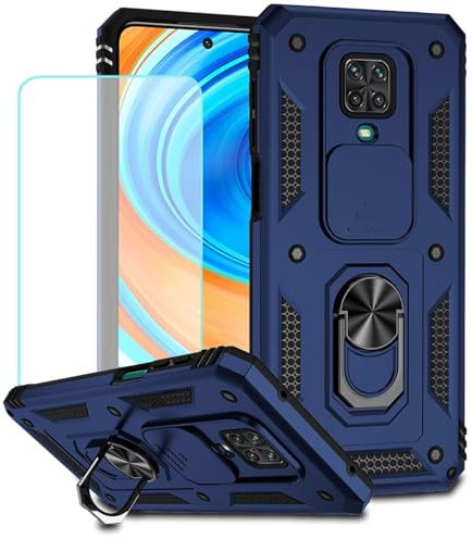 Jhxtech for Redmi Note 9 Pro/Note 9 Pro Max/Redmi Note 9S Case with Tempered Glass Screen Protector and Slide Camera Cover,Magnetic Ring Car Mount Holder Protective Cover for Xiaomi Redmi Note 9S Blue