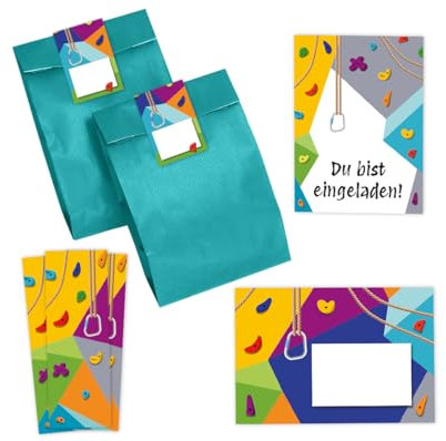 Minkocards 12 Einladungskarten zum Kindergeburtstag Klettern Bouldern Mädchen Jungen Einladung Jungsgeburtstag Mädchengeburtstag incl. 12 Umschläge, 12 Partytüten/petrol, 12 Aufkleber, 12 Lesezeichen