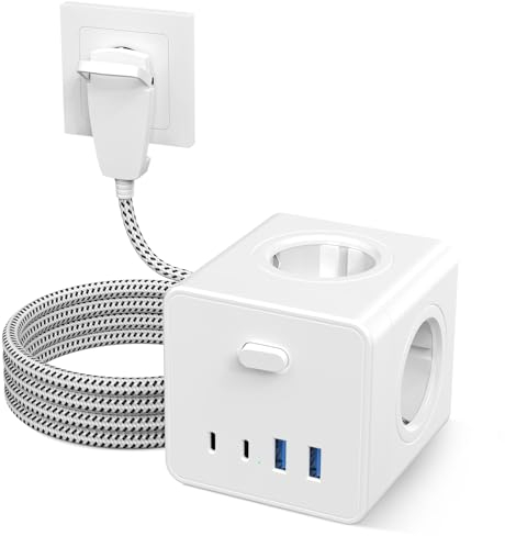 Steckdosenwürfel, Steckdosenleiste mit 4 USB, Mehrfachsteckdose mit 2 USB C, Steckerleiste mit Schalter, 4 Fach Power Strip, Mehrfachsteckdosen mit Flachstecker - 2.5M Kabel - Weiß