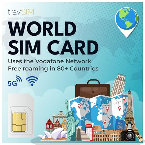 travSIM World SIM-Karte | Daten-SIM-Karte (Verwenden Sie VoIP-Apps, um Anrufe zu tätigen) | 25GB Daten | 4G/5G-Geschwindigkeit | Kostenloses Roaming in 80+Ländern | Plan auf der SIM ist für 14 Tage