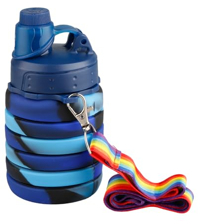 Rumyve 500ml Collapsible Silicone Water Bottle,Portable Leak Proof Water Bottles with Lanyard Straps,Octdoor Accessories for Kids Girls Boys Sports Hiking Trip Camping(Camouflage blue)