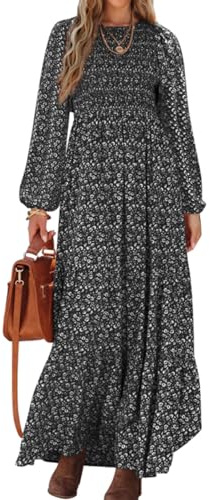 PRETTYGARDEN Women's Spring Dresses 2026 Long Sleeve Flowy Casual Floral Maxi Dress Crew Neck Smocked Tiered Long Dress (Black, Large)