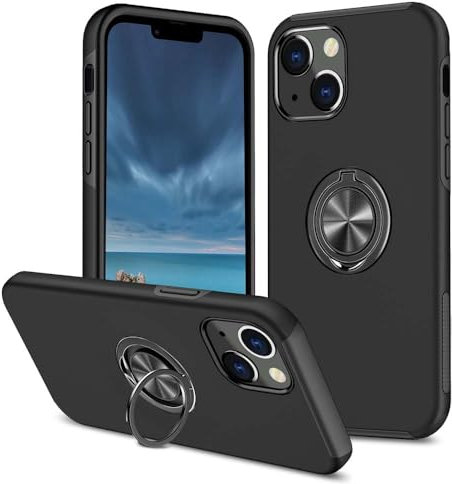 XYZNTMF iPhone 13/14 Case with Ring Holder, Shockproof, Silicone Bumper, Hard PC Shell, Car Mount, Anti-Scratch, Drop Protection, Black