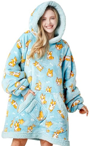 Giggling Getup Tragbare Decken Hoodie für Frauen und Männer, Übergrößer Flanel Sherpa Fleece Sweatshirt Decke mit Ärmeln, Warmer komfortabele Decke Geburtstagsgeschenke für Erwachsene Corgi
