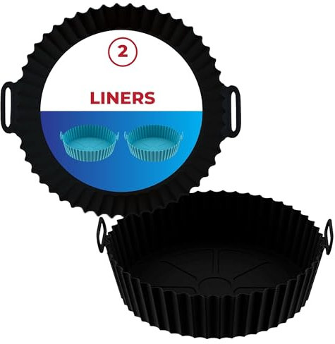 2 Pack Reusable Silicone Air Fryer Liners | Easy-Clean | Kitchen Accessories | Disposable Parchment Paper Liner Replacement | Compatible with Ninja, Tower, COSORI (Black, 20cm)