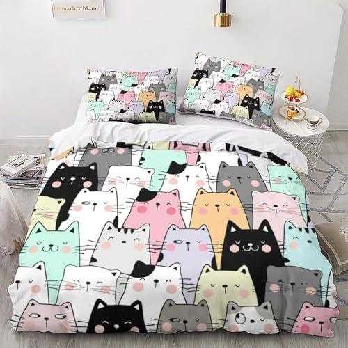 Tabeskly Mädchen Cute Katze Kitty Katzenmotiv BettwäSche Kinder Katzenbettwäsche KinderbettwäSche Bed Duvet Cover Bedding Set 135×200cm
