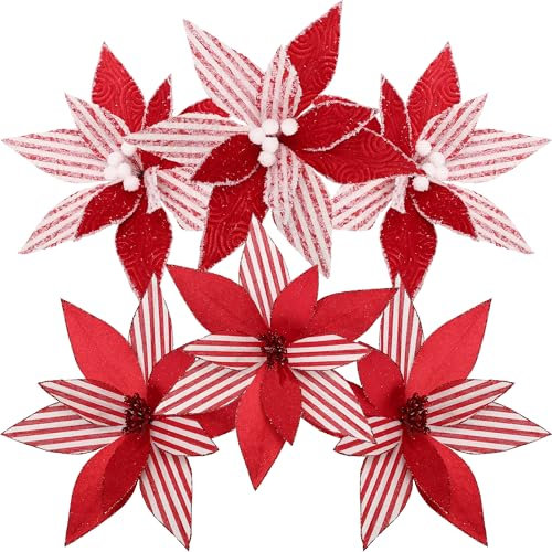 Sea Team 6-Pack Artificial Christmas Flower Ornaments, Flocked Fabric Poinsettia, Floral Decorations for Christmas Tree, Wreath, Garland, 10-Inch, Red