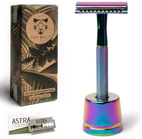 ANYMALE® Nachhaltiger Rasierhobel Rainbow Edition - Set mit Ständer und 5 ASTRA Klingen - Safety Razor aus Metall - inklusive praktischem Klingenschutz