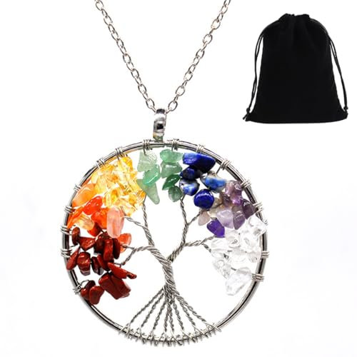 Arbre de Vie Collier Pendentif - 7 Chakra en Cristal Stone, Cuivre Chakra Pierre, Chaîne Longue - Bijoux Femme