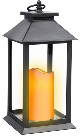 Metall Laterne schwarz mit LED Kerze mit Flacker Effekt - 30 x 14 cm - Deko Leuchte mit künstlichem Kerzenflackern Batterie betrieben - Weihnachten Advent Winter Tischlaterne Dekolampe Stimmungslicht