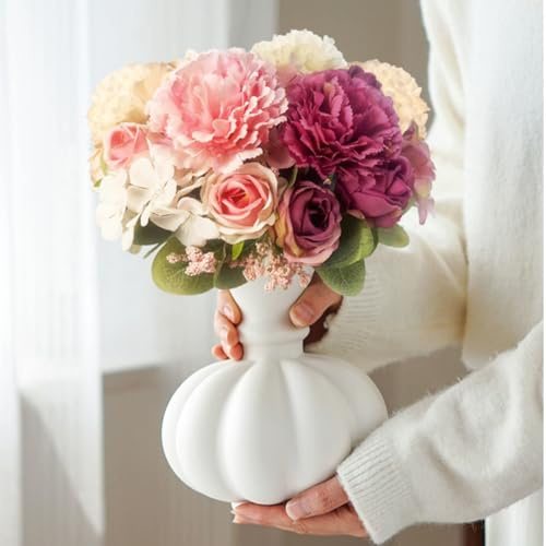 Blumenvase, Kürbis-Keramikvase, Keramikvase für Dekoration, Behälter für Blumen, Mittelstücke für Esstisch, für Wohnzimmer, Schreibtisch, Regaldekoration. (Mattweiß)