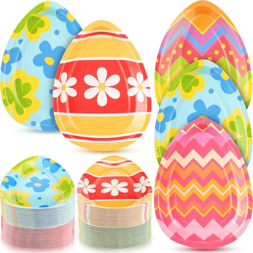 Irenare 100 Pcs Easter Paper Plates Bulk 7.4 x 5.8 Inch Easter Egg Shaped Disposable Plates Oval Serving Platter Tableware for Table Decoration Party Favors Party Supplies
