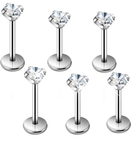 6 Stück Labret Piercing Schmuck Set 6/8mm Chirurgenstahl Lippenpiercing Silber Metall Ohr Piercing mit Zirkonia Lippenpiercing Push-In Knorpel Ohrring Schmuck