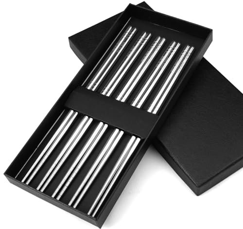 5 Paar 22.5 Cm Essstäbchen Edelstahl Spülmaschinenfest, Anti-Rutsch Metall Essstäbchen, Wiederverwendbare Chopsticks Metal, 304 Koreanische Essstäbchen, Japanische Stäbchen Geschenkset (Silber)