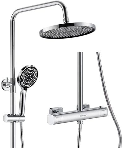 KeeGone Sistema Doccia Termostatico Completo Colonna Acciaio Inox Pioggia 25cm Doccetta 3 Funzioni Getto Regolazione Altezza Sicurezza Anti Ustioni Risparmio Idrico