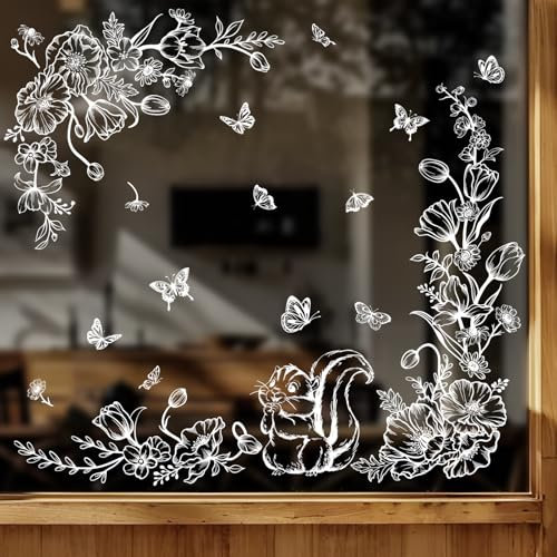 Tanlaby Fensterbilder Blumen Weiße Fensteraufkleber Selbstklebend Schmetterling Eichhörnchen Blumig Fensterdeko Frühling Sommer Fenstersticker für Fenster Glas Türen
