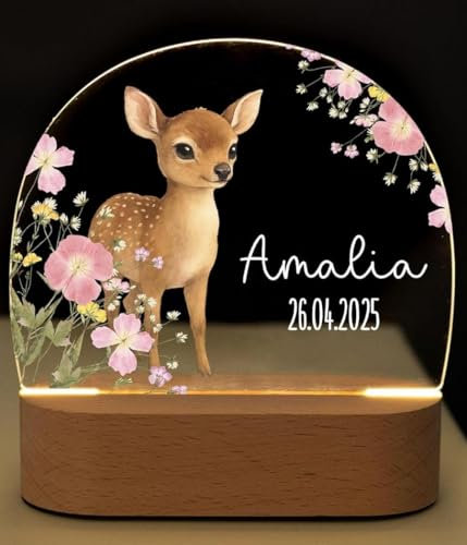 Bärenfreunde personalisiertes Nachtlicht für Babys, Nachttischlampe für Kinderzimmer, Babyzimmer, Nachttisch optional mit Akku und Fernbedienung als Geschenk für Kinder (Reh stehend Blumen)