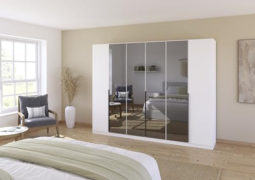 Rauch Möbel Skyla, Kleiderschrank, Farbe Weiß, Breite 271 cm | Schrank, 6-türig, mit Grauspiegel, für Schlafzimmer, Kinderzimmer, Jugendzimmer, Wohnzimmer, Garderobe, Flur