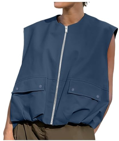 Damen Cargo Weste Ärmellos Rundhal Jacken Mit Reißverschluss Gerüschter Saum Lockere Passform Leichte Sommerweste Mit Taschen Casual Y2k Westen Hundesport Vest Trendige Streetwear Softshell Jacke