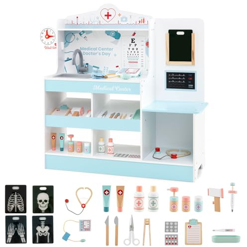 GYMAX Kids Doctor Play Set, Toy Medical Center with Clock, Sink, Eye Chart, ECG Monitor, Exam Area & 24 PCS Accessories, Wooden Pretend Hospital Playset for 3+ Years Old (Blue)