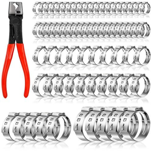 NINGYER 70 Stück Einohr Schlauchschellen mit Schlauchklemmzange, Schlauchklemmen Set, 304 Edelstahl Einohr-Schlauchschellen für Schläuche Gas Auto Garten (6 Größen, 6,8-25,6 mm)