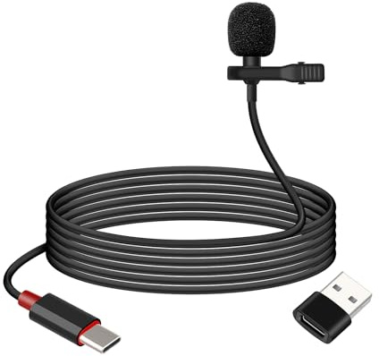 GELRHONR USB C Lavalier Microphone, Type C Clip-on Lapel Mic, USBC Lavalier Phone Microphone Wired with USB A Adapter,48kHz/16bit High-Resolution Noise Reduction,Compatible with PC,Laptop