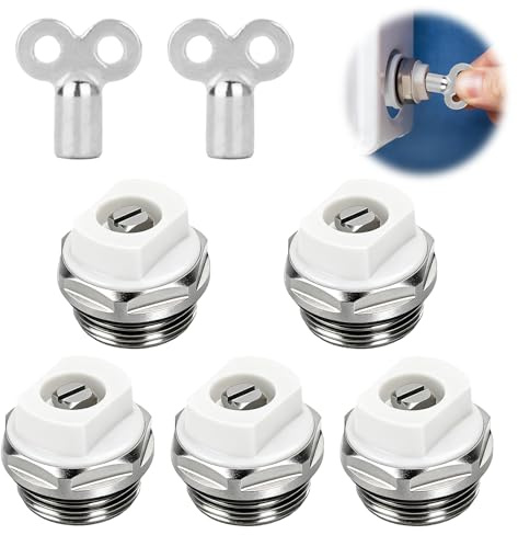 [5 Pack] Llave Radiador y Válvula de Ventilación, Purgador Radiador Universal de Latón Niquelado, Llave Purgar Radiadores Antiguos y Modernos, Resistente hasta 120°C - Kit Completo de Calefacción
