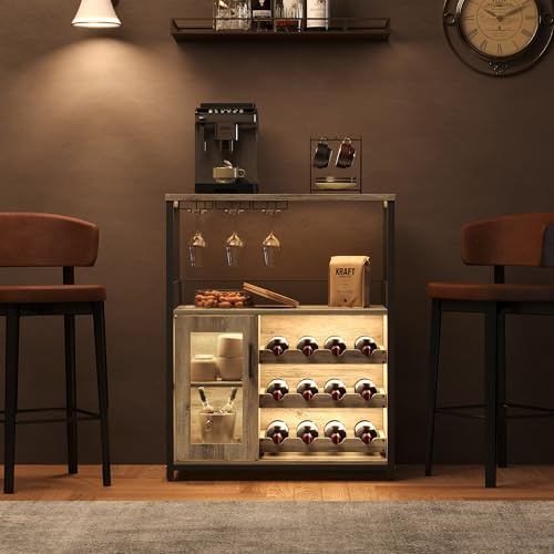 Garvee 3-Tier Industrial Wine Bar Cabinet with Light, Detachable Wine Rack, Drawer, Glass Holder & Mesh Door, Multifunctional Sideboard & Buffet Cabinet, Gray