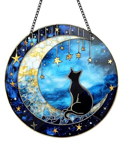 Black Cat Sun Catchers for Windows, Black Cat Bending Moon Suncatchers for Windows, 2D Flat Hanging Garden Ornament Suncatchers, Hanging Garden Ornaments, Suncatcher Gift