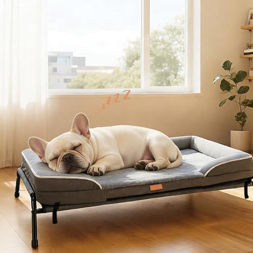 Lekespring Large Raised Dog Bed, 2-in-1 Orthopedic Elevated Pet Sofa Bed | All Season Washable Bed with Steel Frame, Breathable Mesh & Removable Cover, Gray, Suitable for Cats & Indoor Pets