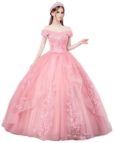 HAIBFJIN Robe de bal longue Quinceanera en tulle, robe de princesse avec épaules dénudées, robe de mariage avec application en dentelle pour bal de fin d'études, Rose, 52