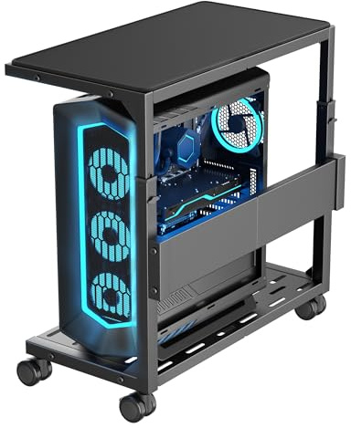 Aquzee PC Stand, Adjustable Computer Tower Stand, Black Heavy Duty Metal Under Desk CPU Floor Stand on Wheels, PC Case Trolley for Carpet, Rolling Computer Cabinet for Gaming Accessories, Printer