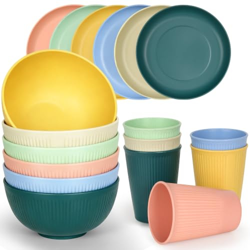 18 Teiliges Camping Geschirr 6 Personen Bunte Plastik Party Besteck Set | Unzerbrechliches ；Mikrowellen Spülmaschinenfest ；Wiederverwendbares Bunte Teller Becher und Schüssel Set