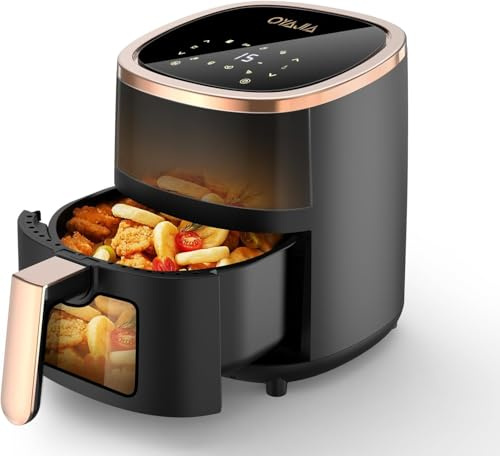 Heißluftfritteuse 5.5L XXL Airfryer mit 8 Programmen, LED-Touch-Display, 1200W ölfreier Heißluftfritteuse mit Timer & Temp. 80-200°C, abnehmbarer Korb, für Küche, Schwarz/Rosegold