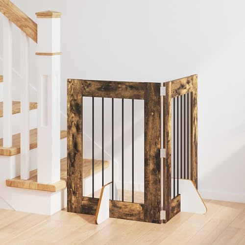 Runheo Puerta para perros con soporte, 2 piezas plegable y plegable de roble ahumado, 60 x 80 cm, utilizable en interiores y exteriores, modular ampliable