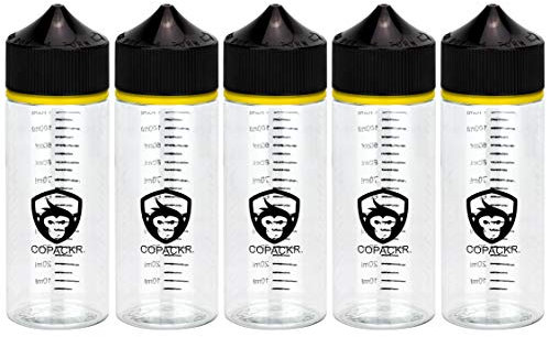 Copackr Chubby Gorilla V3 compte-gouttes en plastique avec dimensions pour huile, encre et/ou produits chimiques – Parfait pour les voyages – Avec bouchon sûr pour les enfants – Lot de 5 (120 ml)